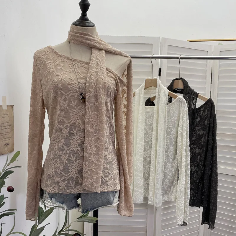High Quality Hot Selling Wholesale Autumn Jacquard Beveled Off Shoulder Long Sleeved T-shirt Base Shirt Hanging Neck Top Women