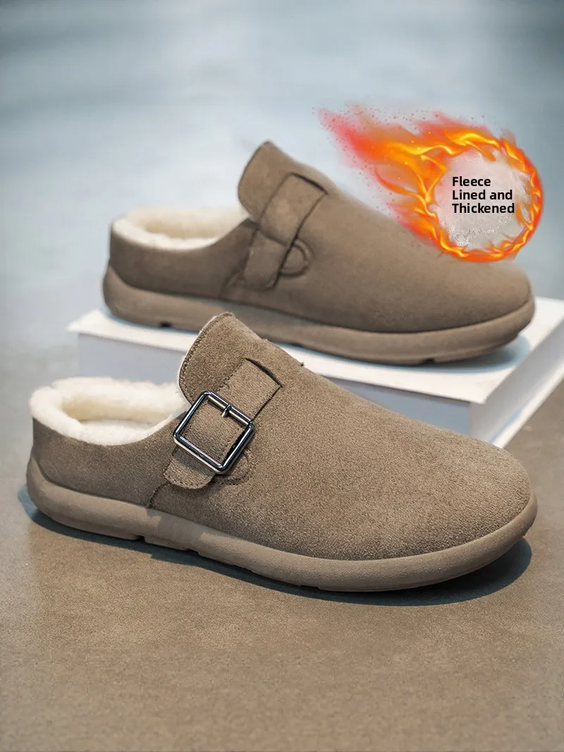 Men's Winter Thickened Fleece Lined Slip-On Cotton Slippers Warm No-Back Design Casual Outdoor Wearable Slip-Resistant Flat S...