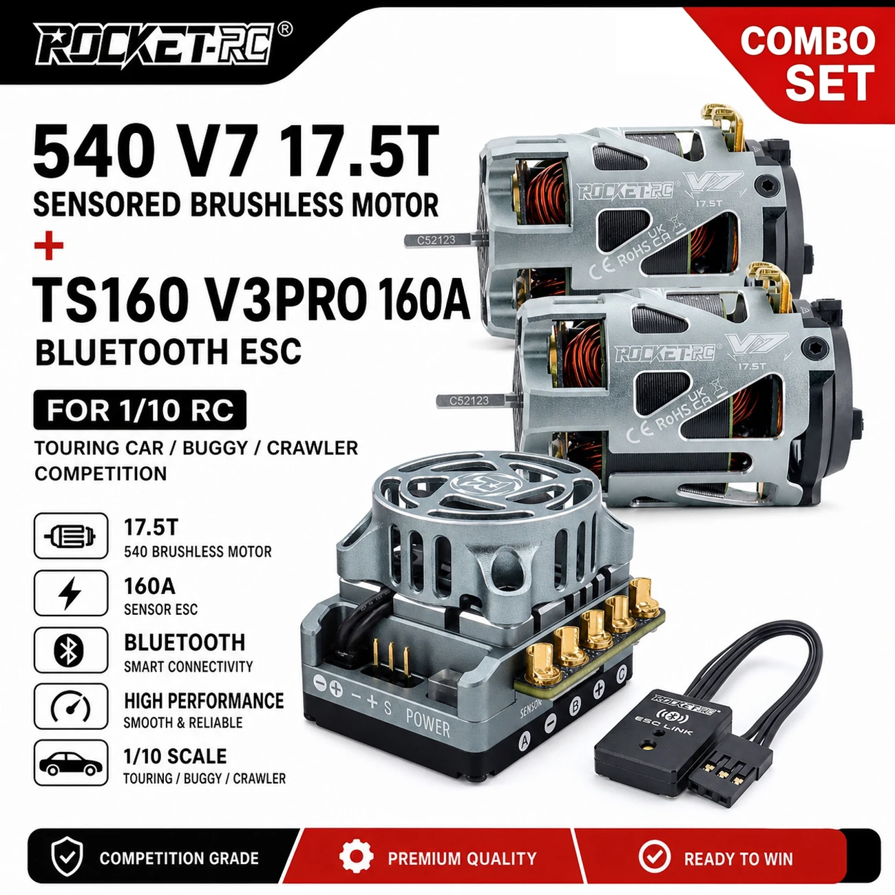 Moteur brushless sensored Rocket-RC 540 V7 17.5T et combo ESC Bluetooth TS160 V3PRO 160A pour voiture de tourisme RC 1/10 et compétition de crawler