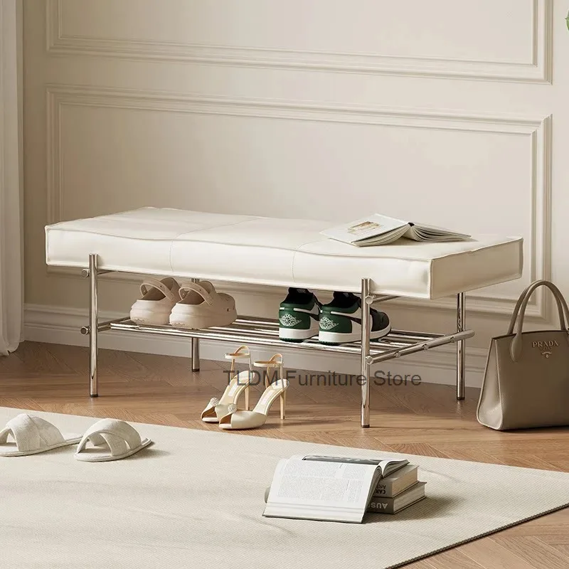 Polished Metal Frame Shoe Bench Stitched Leather Padded Top Lower Entryway Stool Multifunctional Rest Seat for Hallway Bedroom