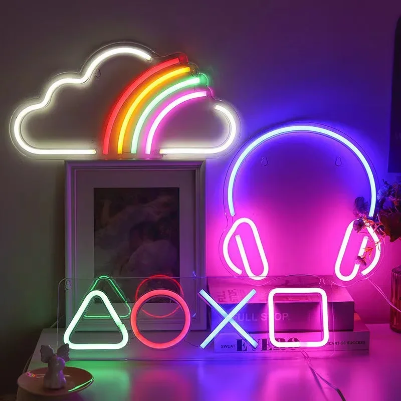 Game Neon Night Light Signs for Wall Playstation Decor Button Keyboard Gamer Led Lights Gaming Gifts Ideas for Teen Boys Bedroom