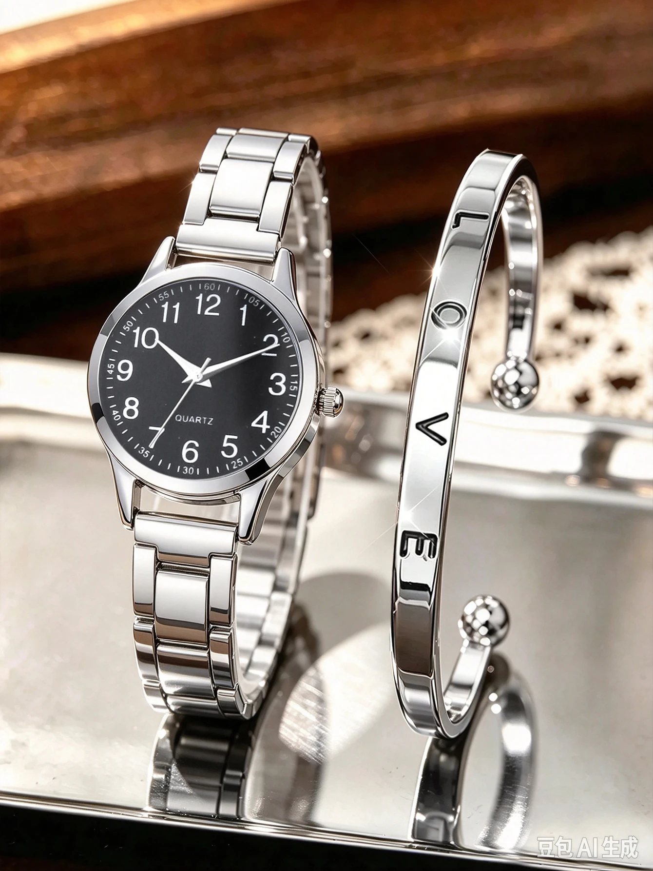 Ladies Quartz Watch Set with round Shell And LOVE Bracelet Stainless Steel Strap Elegant Christmas Gift for Lovers