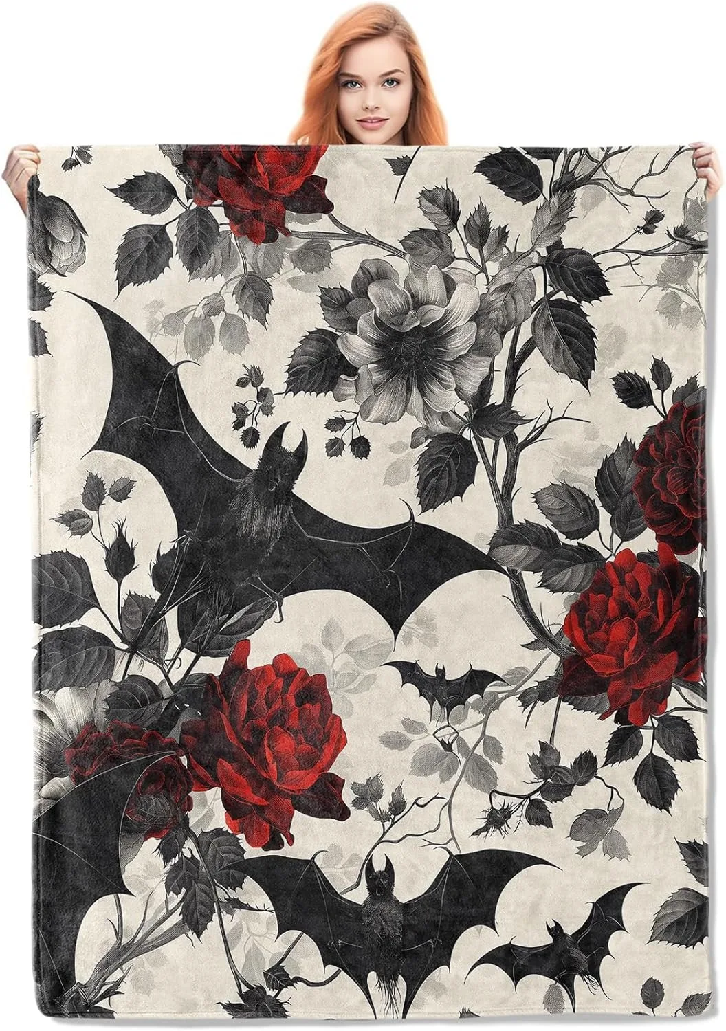 Gothic Floral Blanket Roses and Bat flannel Blankets Goth Throw gifts Plush Gothic arts to Men Women gifts idea four season use