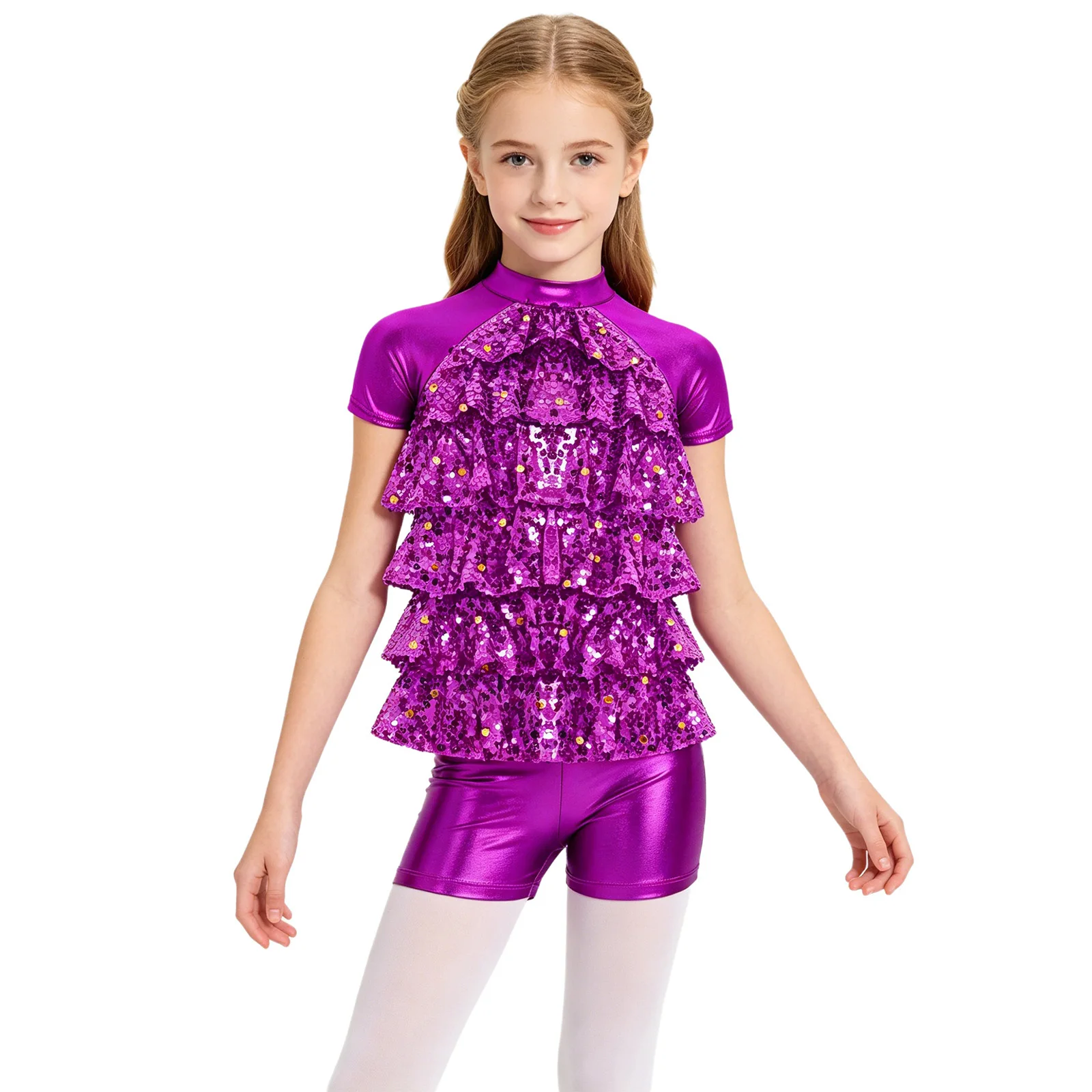 Kids Girls Metallic Hip Hop Jazz Dance Outfit Cheerleading Modern Dancewear Short Sleeve Sequins Tiered Ruffle Tops with Shorts