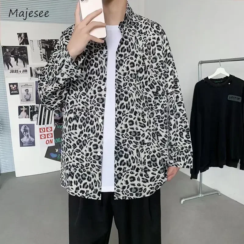 

Men Shirts Spring Leopard Baggy Personality Streetwear Korean Style Leisure Long Sleeve Lapel Stylish Daily College New Handsome