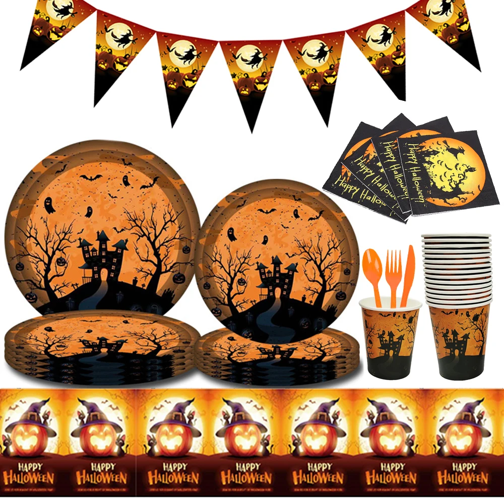 Halloween Pumpkin Disposable Tableware Bat Skeleton Castle Paper Plates Cups Napkins for Halloween Horror Party Decor Supplies
