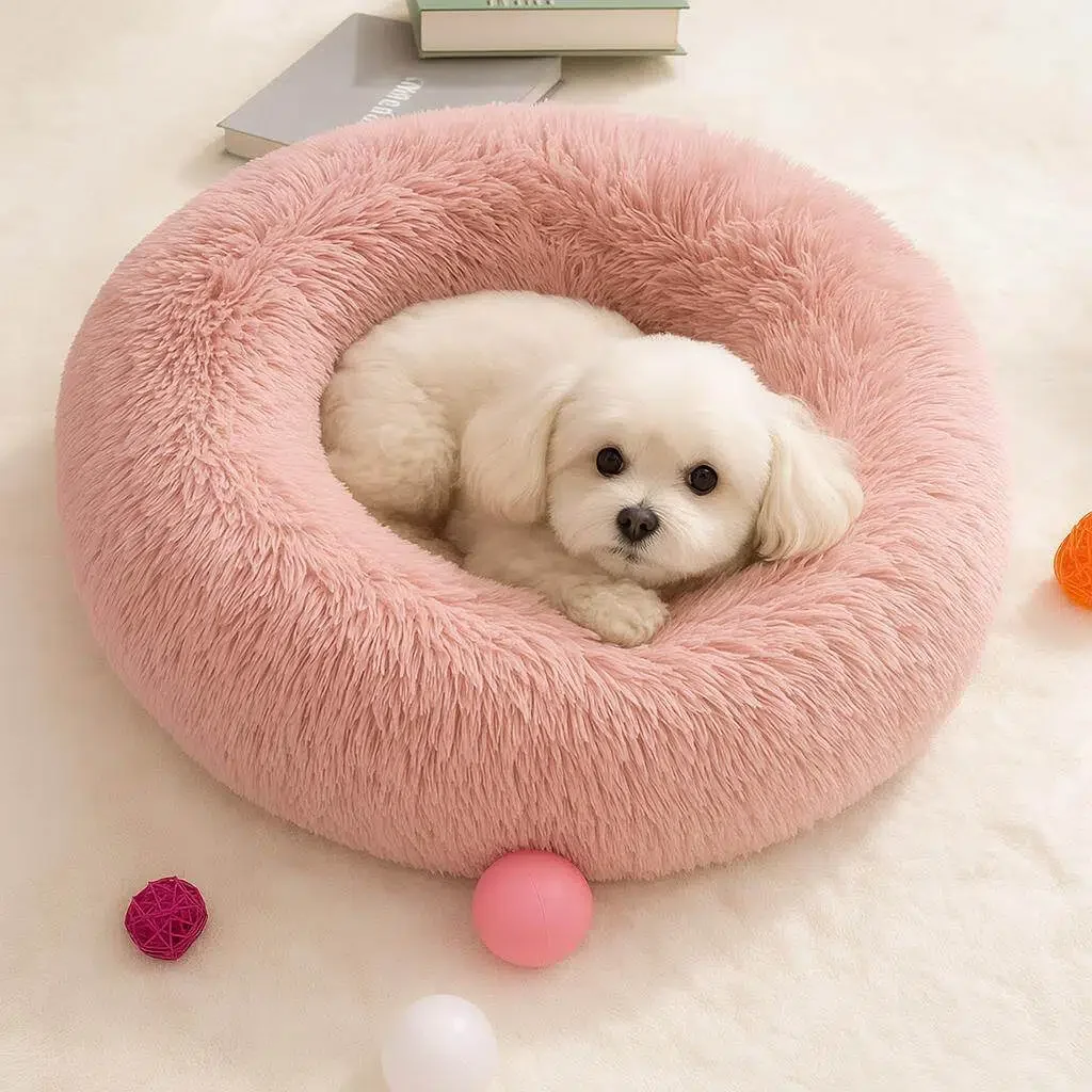 

Fluffy Round donuts Dog Bed Sofa Plush Couch for Small Cat Bed Soft Cozy Pet Mat in Beige Brown Gray Pink Blue Sizes S to XXXL
