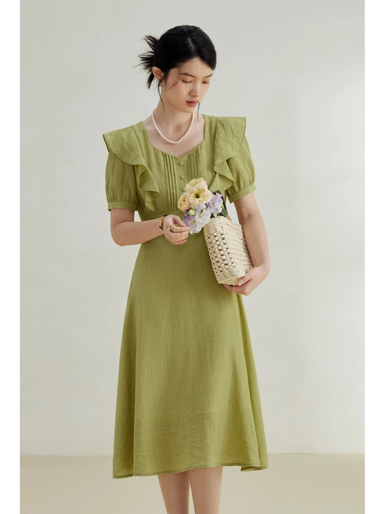 

ZIQIAO French Style Gentle Wind Ruffles Dress for Female New Summer Waist Temperament Lotus Leaf Edge Mid-length Dress Women