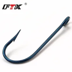 FTK 50PCS/Lot High Carbon Steel Blue Sea Fishing Hooks Long-handled Ringed Barbed Super Power Mustad Hook Fishing Accessories