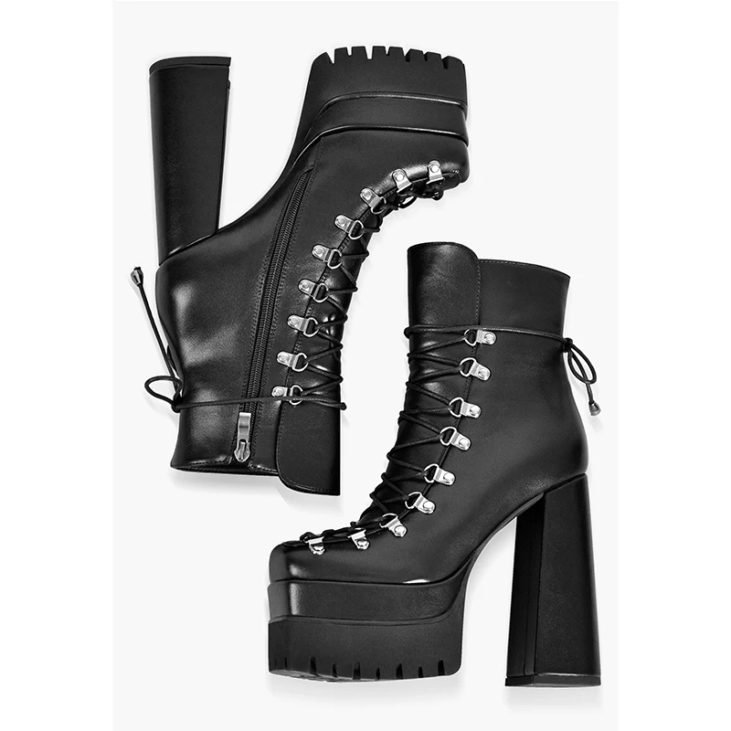 Onlymaker Double Platform Punk Boots Side Zipper Lace-up Fashion Matte Ankle Boots