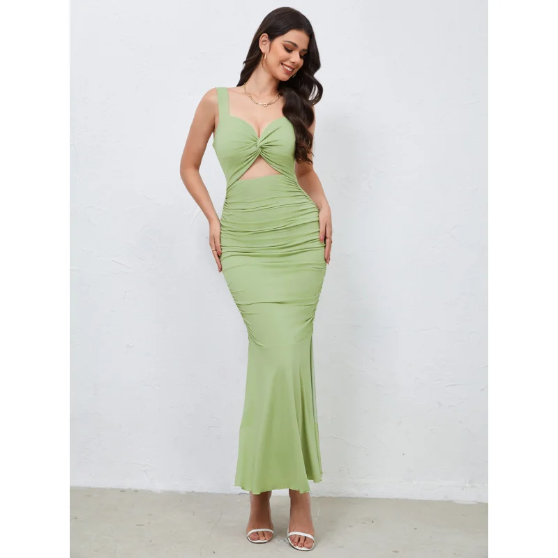 

YQ1-Sexy StyleVCollared Sleeveless Dress Spring New High Waist Ruched Pullover Long Bodycon Dress for Women