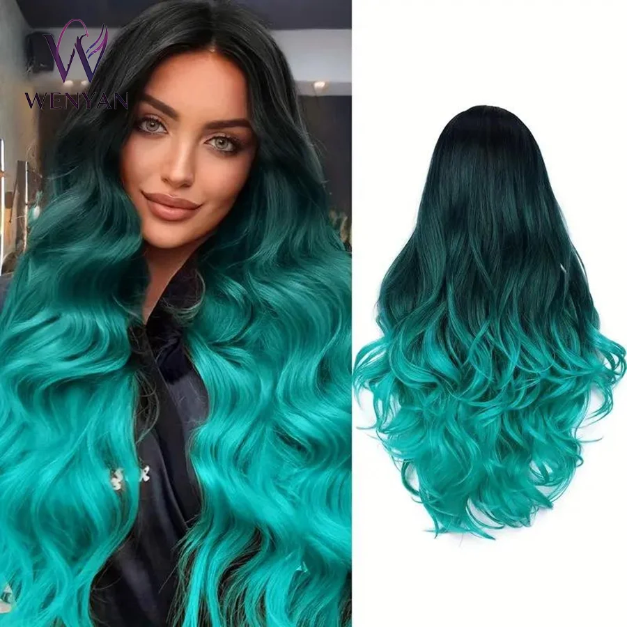 Perruque synthétique longue ondulée de 26 pouces, noire à ombré turquoise et vert sarcelle, avec raie au milieu, résistante à la chaleur, pour femmes, usage quotidien