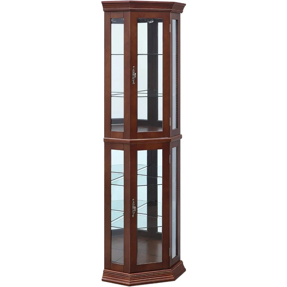 Lighted Wooden Corner Display Curio Cabinet, Two Section Shelving Unit with Tempered Glass Door, Bar Corner