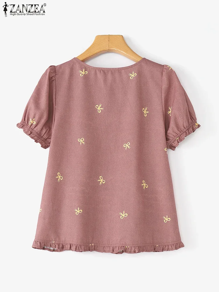ZANZEA قمصان نسائية كورية مطبوعة بفيونكة تونك أزرار 2025 بلوزات صيفية بأكمام قصيرة مكشكشة بلوزات أنيقة غير رسمية #3