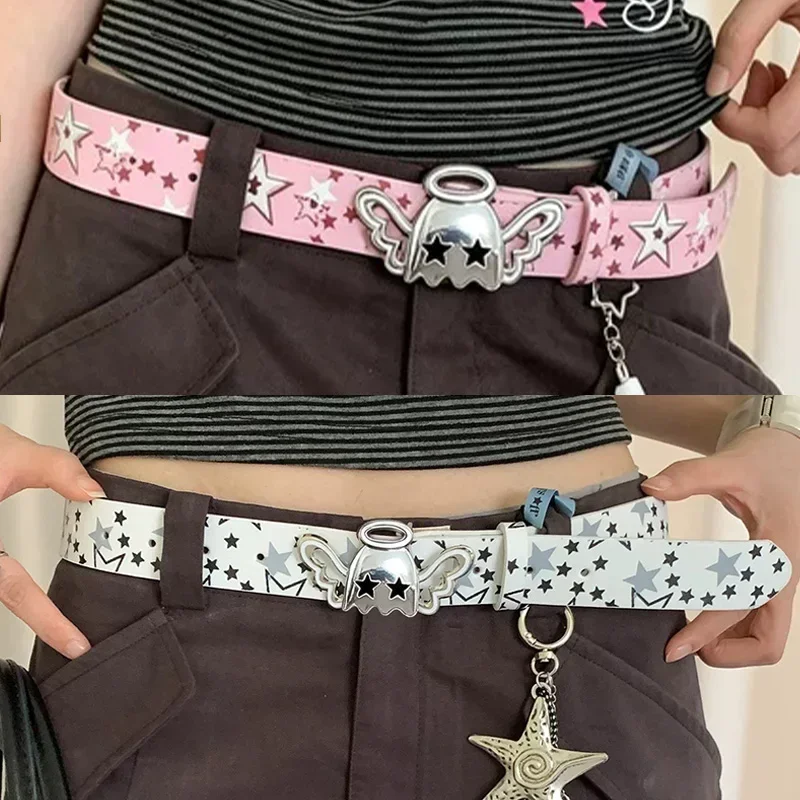 Dopamine Metal Belt Punk Y2K Jeans Wide Leather Belts for Women Girls Fashion Heart Star Sweet Cool Angel Wing Designer Belt