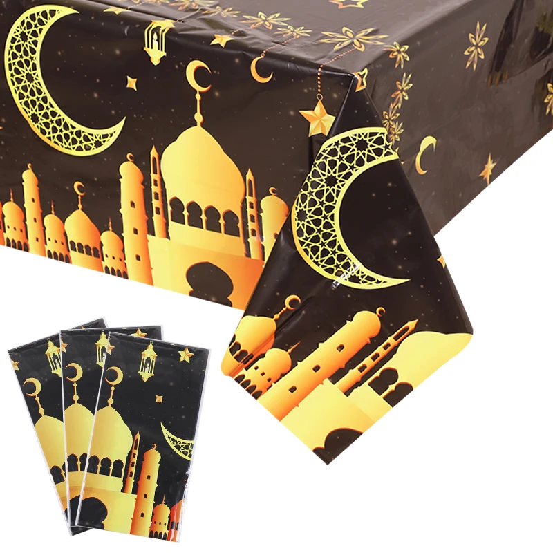 

2025 Eid Mubarak Black White Tablecloth Moon Mosque Ramadan Kareem Waterproof Table Cover Eid Al Adha Muslim Islamic Party Decor