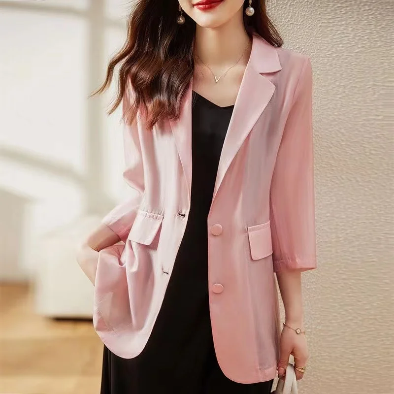 Women Blazer Fashion Spring Summer Three-Quarter Sleeve Thin Suits Jacket 2024 New Ladies Casual Work Blazers Coat Female Tops