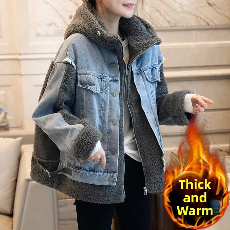 

Женская модная джинсовая лоскутная хлопковая куртка на осень-зиму, тонкая верхняя одежда большого размера, модная двухсекционная одежда