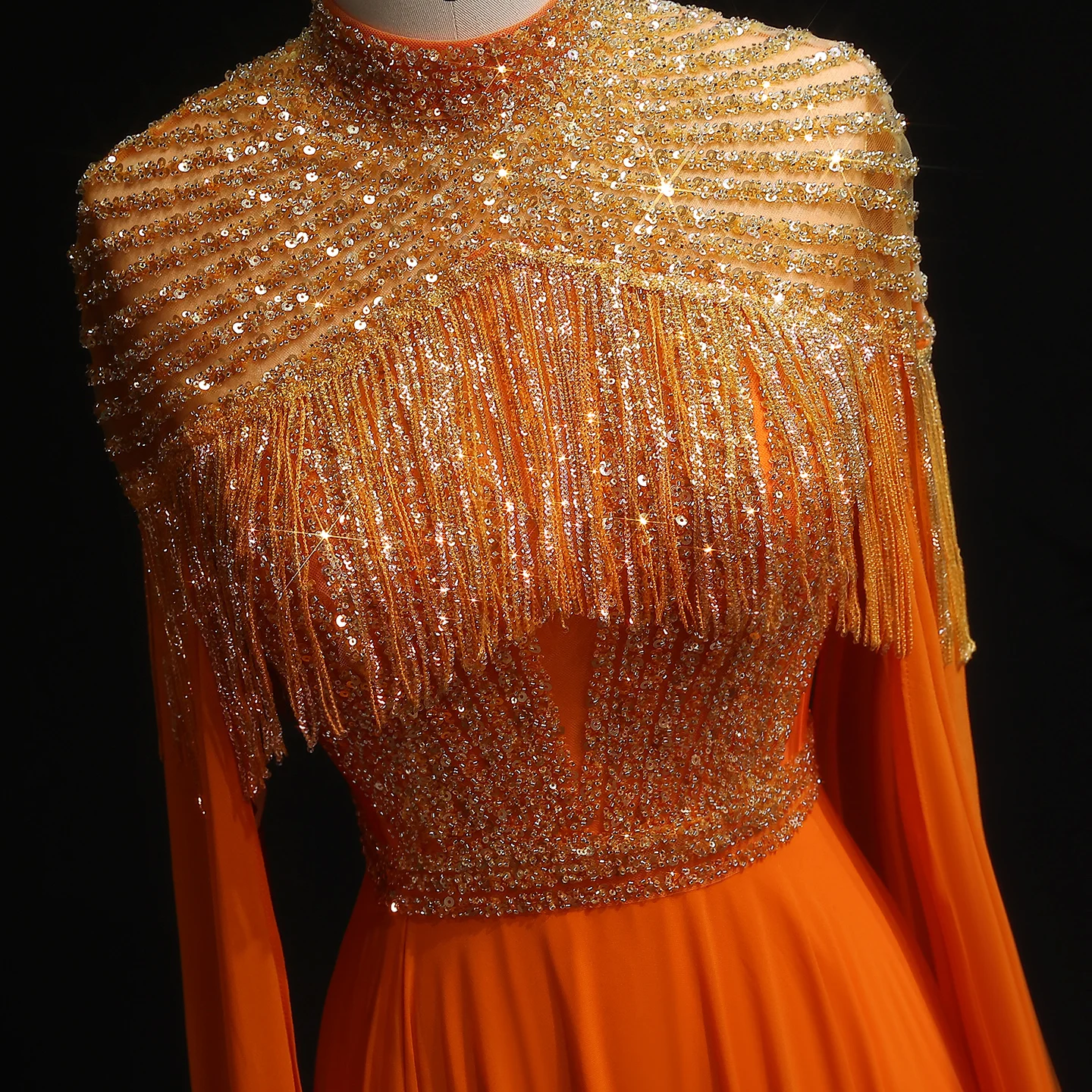 شارون سعيد دبي فساتين سهرة برتقالية فاخرة بأكمام كيب طويلة للنساء لحفلات الزفاف فساتين حفلات عربية SF339 مخصصة