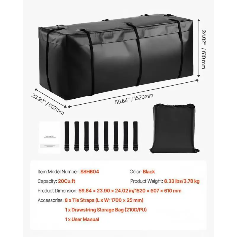 Sac de transport pour attelage de remorque en PVC 840D imperméable (0,566 m³), sac de rangement pour le chargement sur la zone de chargement des camions avec 8 sangles renforcées pour voitures et SUVs Noir