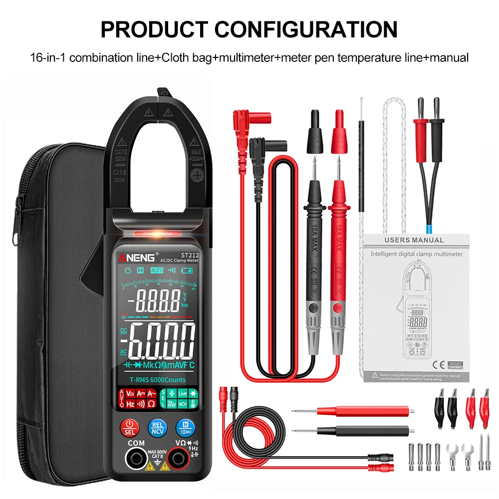 ST212 PRO DC/AC Current Digital Clamp Meter 6000 Counts 400A Amp Multimeter Large Color Screen Hz NCV Ohm Voltage Tester