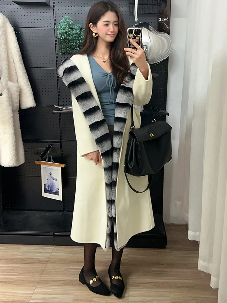 Nuovo arrivo inverno femminile vera pelliccia cappuccio cappotto naturale pelliccia di coniglio Rex lana misto lana spessa calda tuta sportiva lunga cintura casual