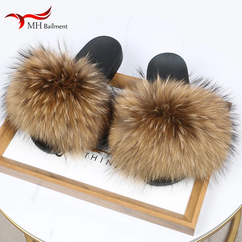 Real Raccoon Fur Slippers For Women 2023 Summer Fluffy Indoor House Fuzzy Flat Slides Outdoor Fashion Beach Sandals Flip Flops