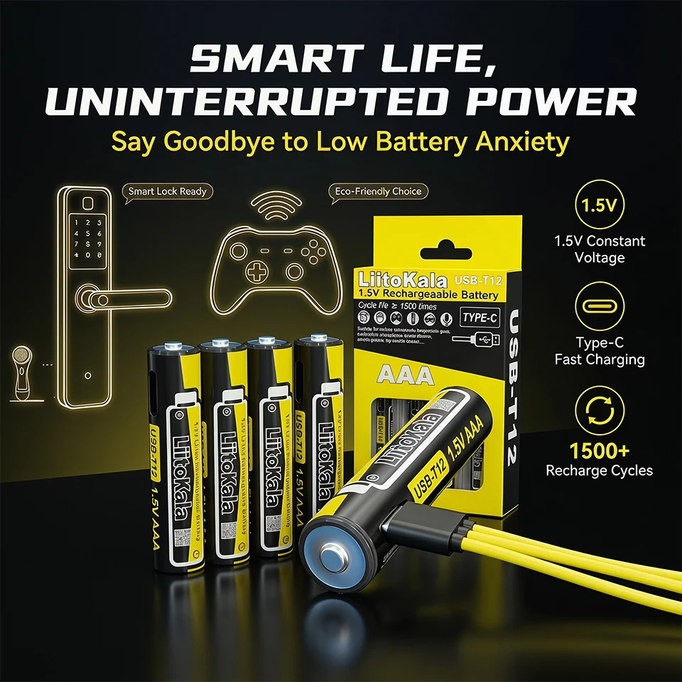 Аккумулятор LiitoKala USB-T12 AAA, 1,5 В, 1200 мВт·ч, встроенный USB-порт для зарядки, прямая зарядка через зарядное устройство для телефона 5 В, светодиодный индикатор