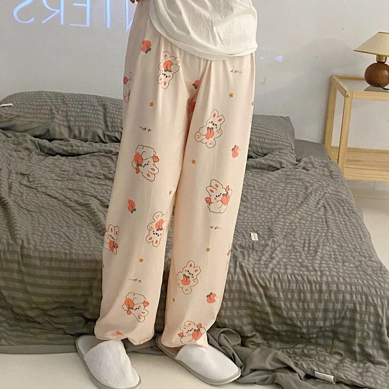 Women Sleep Pants Cute Cartoon 2024 Summer Thin Casual Home Air Conditioning Pants Ladies Loose Wide Leg Straight Trousers