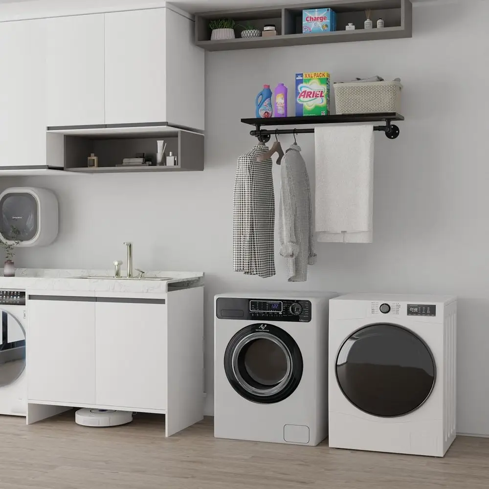 36 Wall-Mounted Garment Rack with Wooden Shelf - Heavy-Duty Hanging Rod for Space-Saving Storage