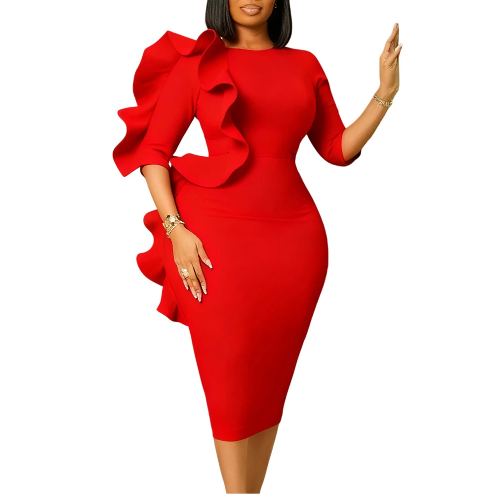 Neueste trendige Design Frühling Kleider Frauen Casual Dame elegante O-Ausschnitt 3-Viertel-Ärmel Rüschen afrikanisches Kleid für Frauen Kleidung – Detail 2