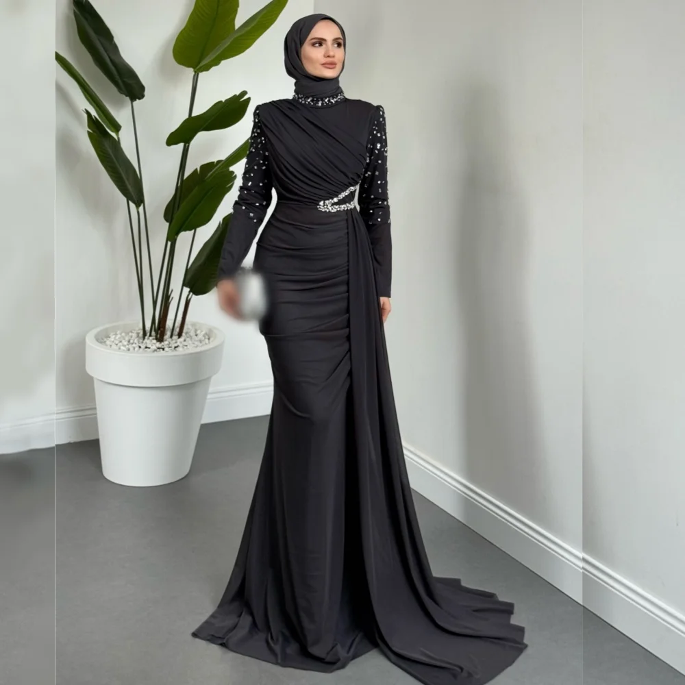 

Customized Pleat Classic Glitter Women's Evening Gowns High Collar Mermaid Long Dresses Bespoke Occasion Elegant Party Dress