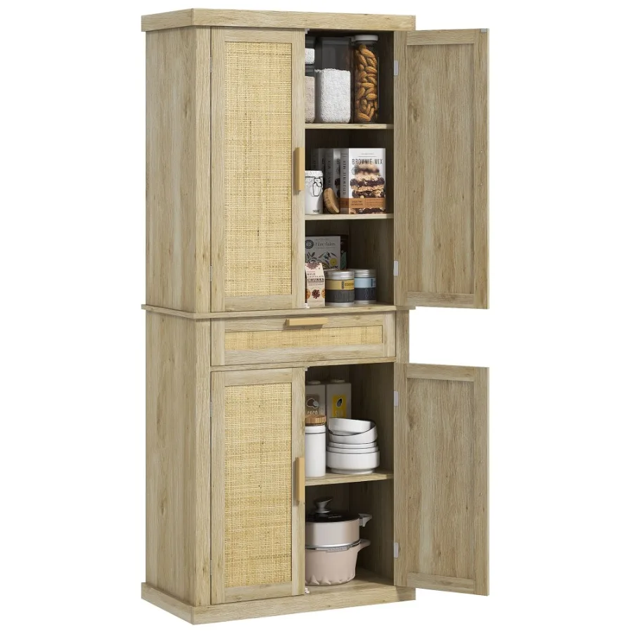 

HOMCOM 72 Tall Pantry Cabinet with Rattan Drated Panel Freestanding Boho Kitchen Storage Cabinet with 4 Doors Drawer 5Tier Shel