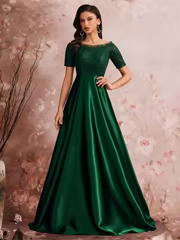 Luxury Green Satin V-Neck Evening Dress Women Satin Wedding Party Prom Floor Lenght Cocktail Dress Off-shoulder Gown