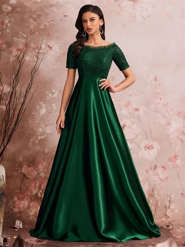 Vestido de noche de satén verde de lujo con cuello en V, vestido de cóctel largo hasta el suelo para fiesta de boda y graduación, vestido con hombros descubiertos