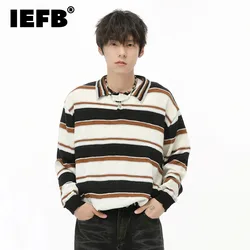 IEFB American Style Men's Sweaters Vintage Striped Contrast Color Turn-down Collar Loose Autumn Male Tops New Stylish 9C7434