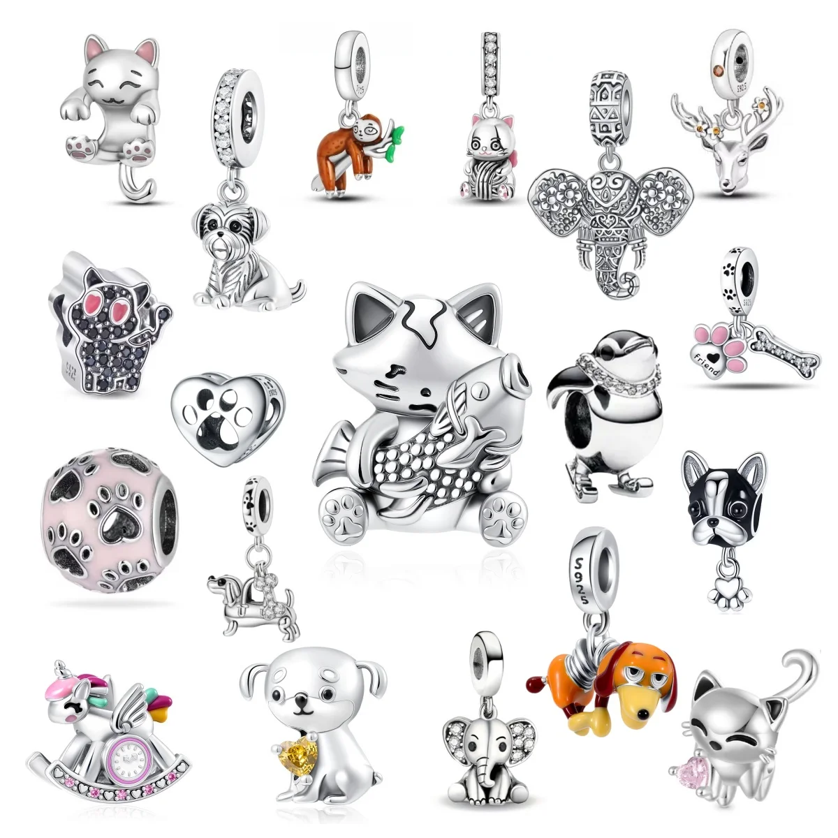 New 925 silver cute animals such as dogs, foxes, elephants, and cats are  Fit European original bracelets, DIY exquisite jewelry