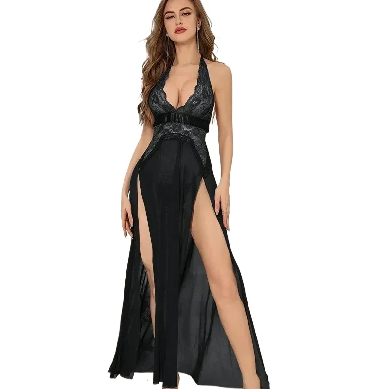 

Сексуальное кружевное сетчатое ночное платье с разрезом, без спинки, на бретельках, длинная юбка, женская ночная сорочка, сексуальное женское белье, длинное платье, сексуальное сетчатое платье с разрезом