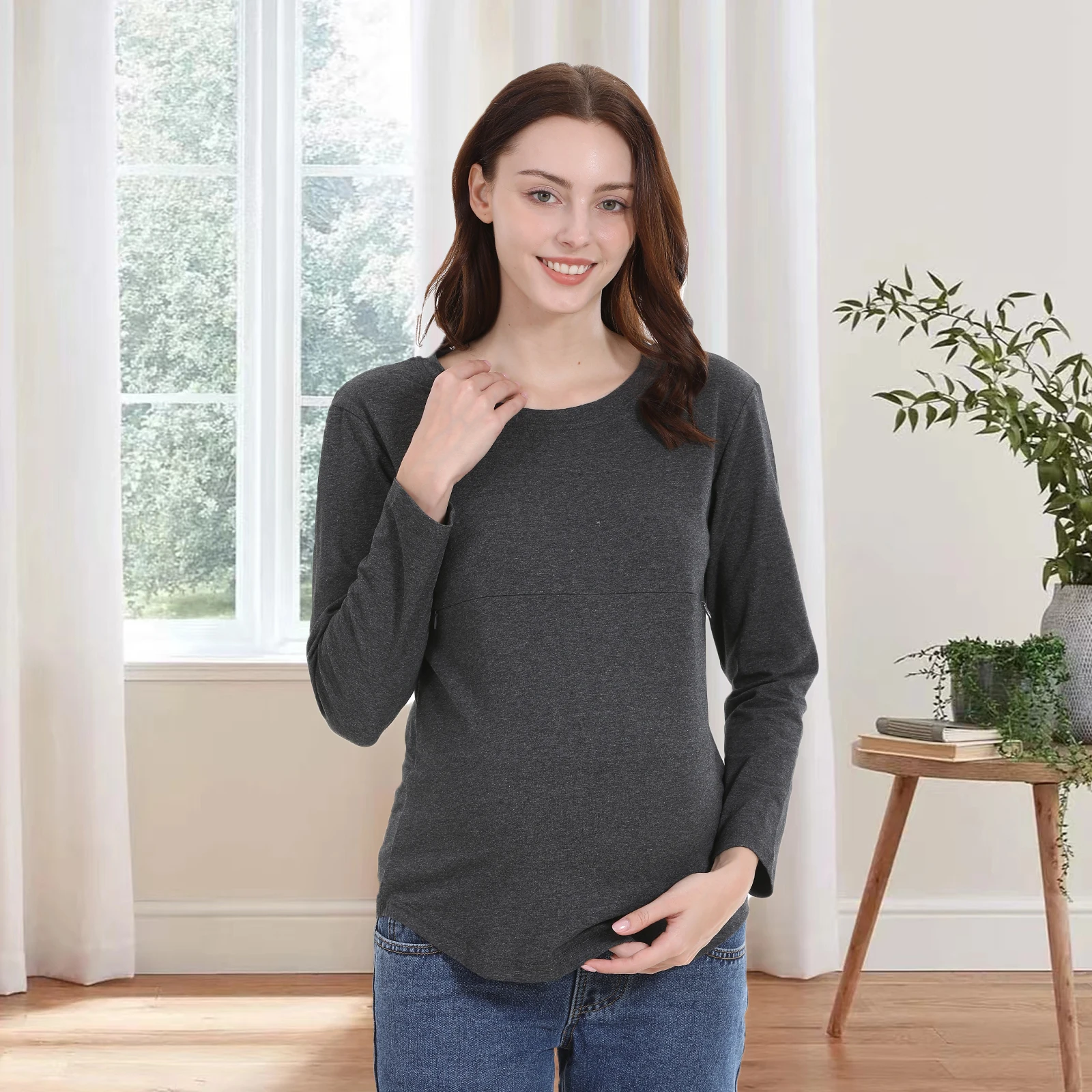 Breastfeeding T Shirt Maternity Clothes Long Sleeve Pregnancy Loose Hem Nursing Tee Spring Autumn Good Stretch Cotton