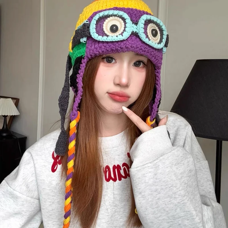 

Dopamine Handwoven Trendy Pilot Knitted Pullover Caps Beanies Cap Men Women Autumn Winter Funny Warm Ear Protection Bomber Hats