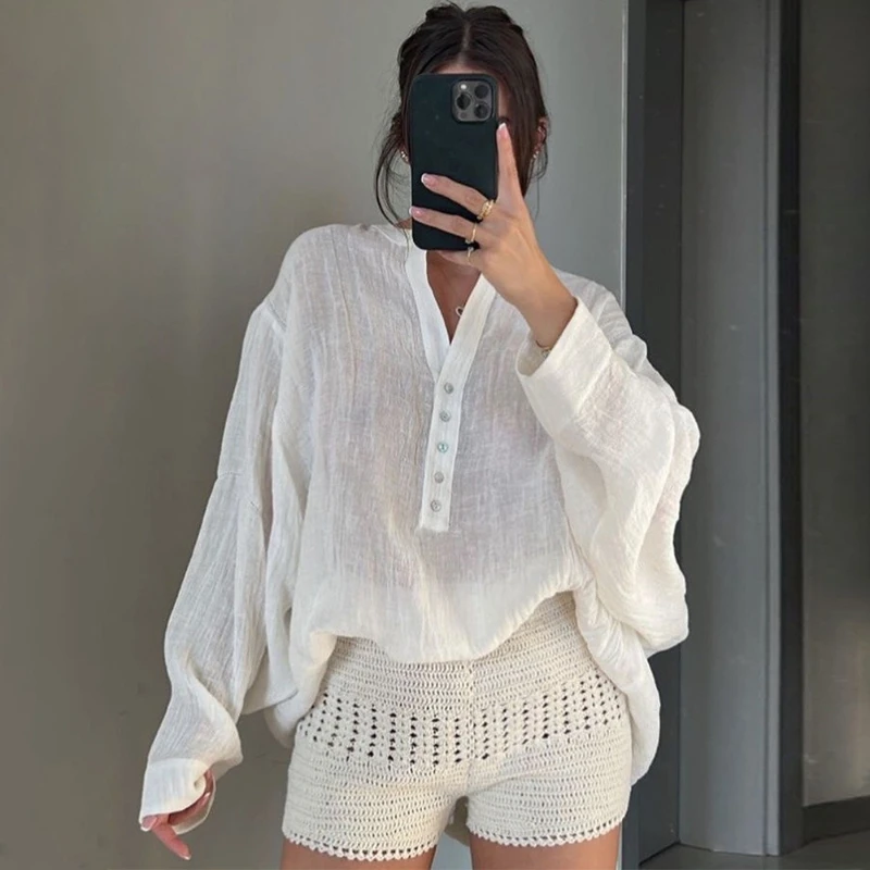 2026 Spring/Summer New Micro Transparent V-neck Half Open Button Lantern Sleeve Loose Casual Shirt