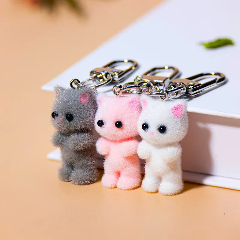 New Cute Cartoon Mini Flocking Cat Keychain Pendant Resin Girls Exquisite Cat Backpack Decoration Pendant Birthday Gifts