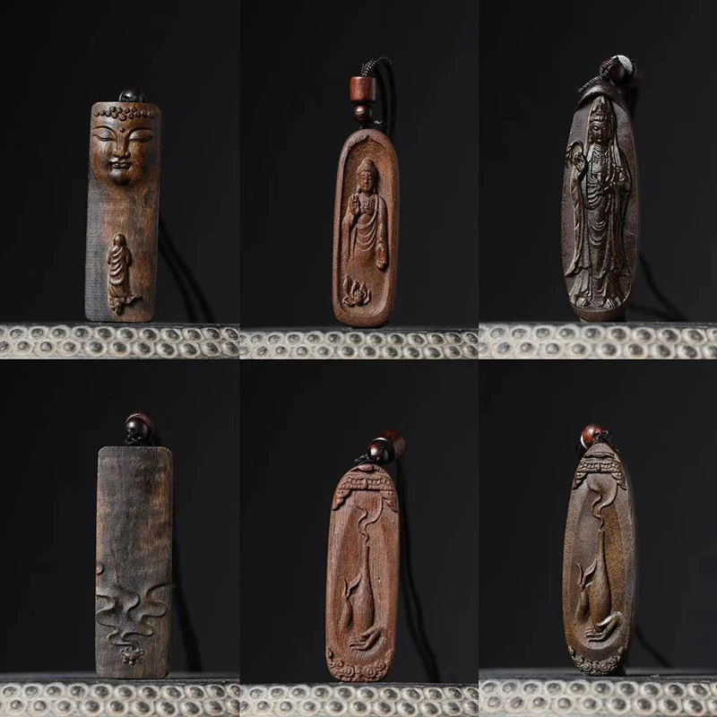 Agarwood Carved Flower Buddha Statues Pendant Handle Piece Double-sided Carved Lucky Nafu Ping An Brand Wen Play Wood