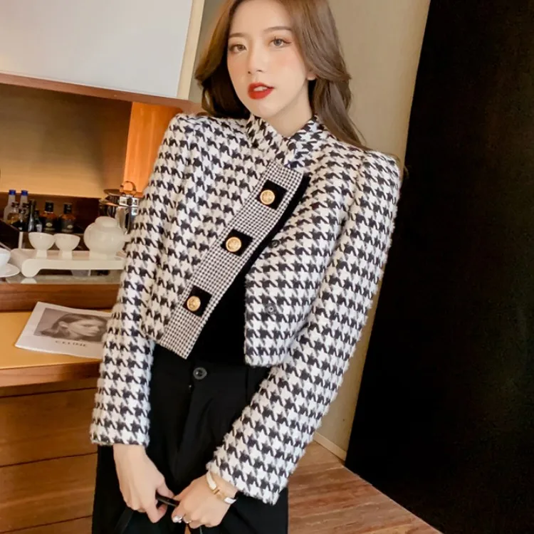 

Nice Autumn Winter Stand Collar Houndstooth Tweed Jacket Coat Vintage Women Gold Buttons Long Sleeve Blends Woolen Outerwear