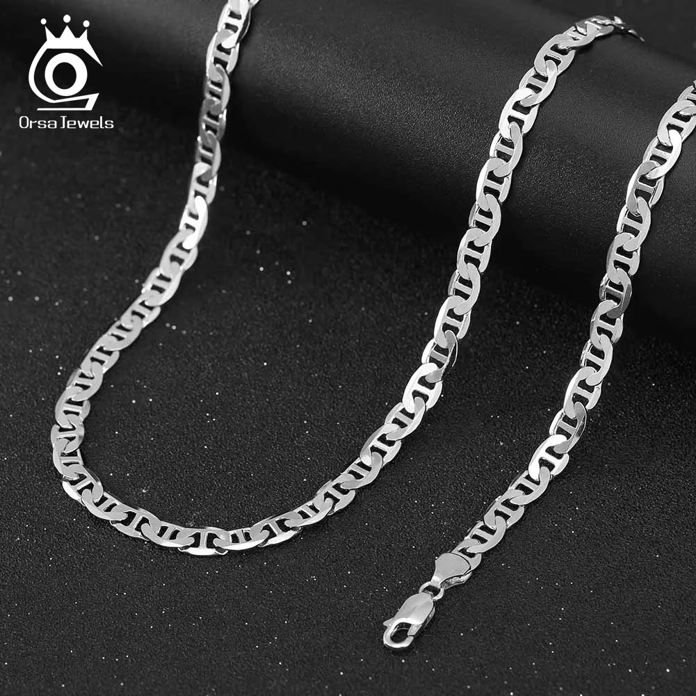 ORSA JEWELS Italian 3mm 5mm Width Flat Mariner Chain Necklace Genuine 925 Sterling Silver Mariner Collares Rhodium Plated SC78