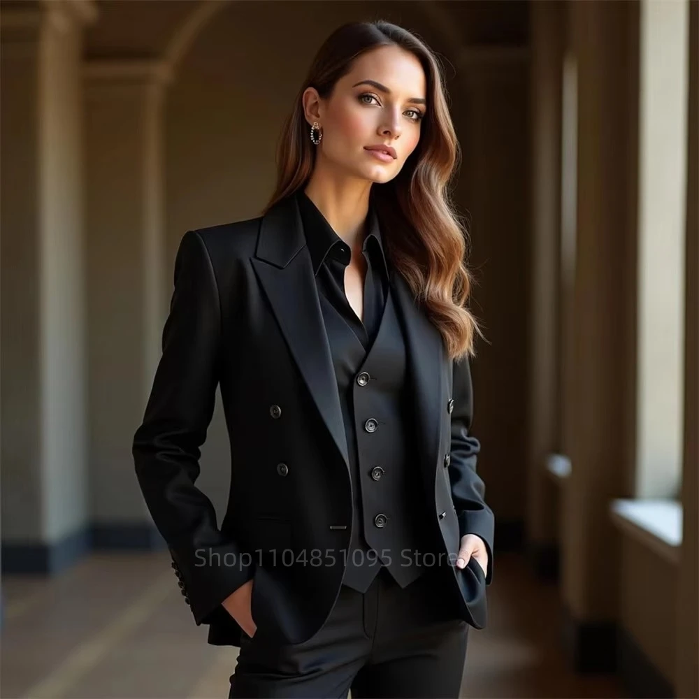 

Classic Black Women's 3 Piece Suit Double Breasted Blazer Vest Pants Set Fashion Formal Party Office Casual Outfit Female Suits