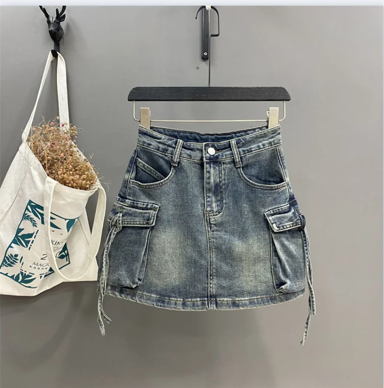 

2024 Trendy Street Tooling Style Flap Pocket Ribbon Details Slim Workwear Denim Mini Skirt High Street Clothing