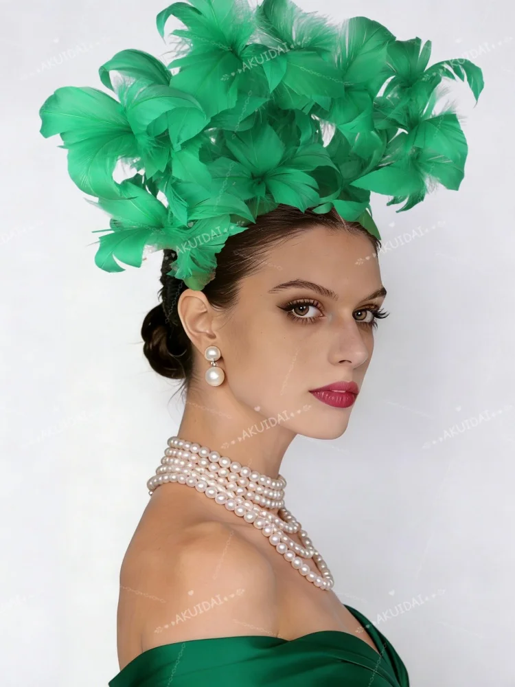 Chapeau bibi vert Royal Ascot en plumes pour femme, avec bandeau, idéal pour mariage, église, fête, ou comme accessoire de mariée