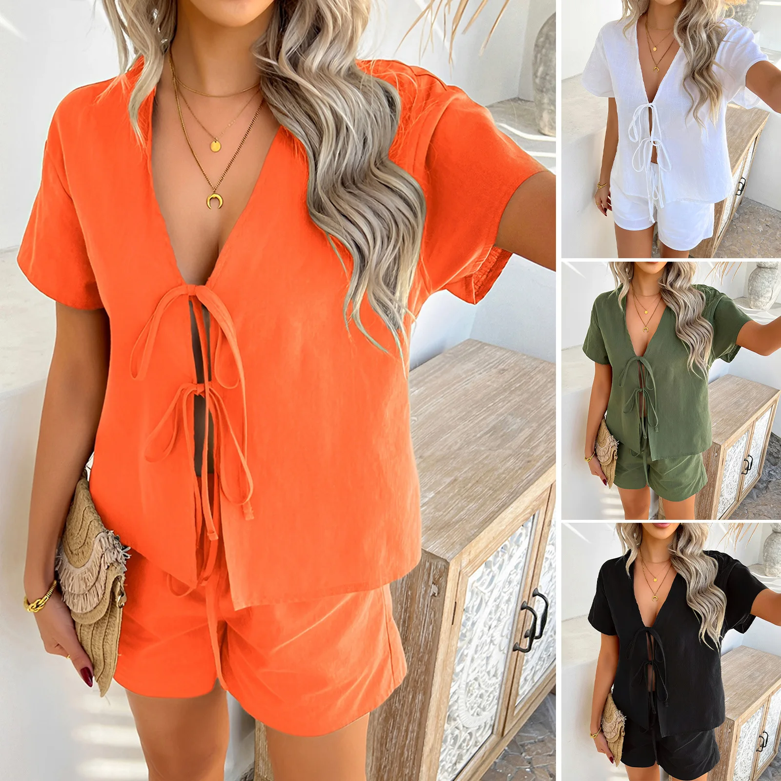 

2025 Summer Casual Solid Color Shorts Set Holiday Style Short Sleeve Lace-up Top + Shorts 2-piece Set Women's Clothing