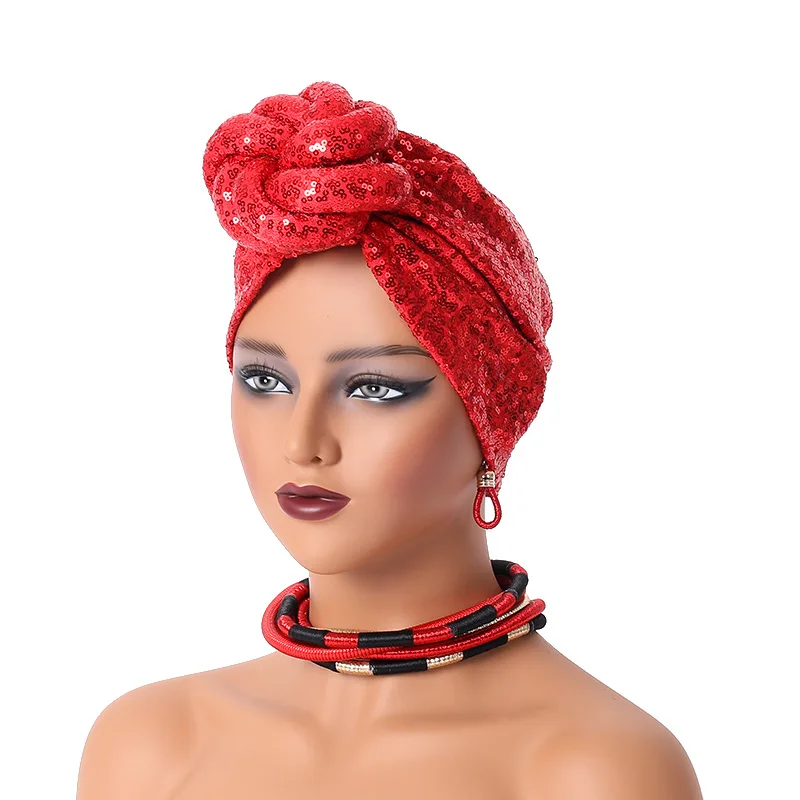 

New African Auto Gele Headtie Aso Oke Sequin Turban for Women Knotted Headwrap Beanie Hat Turbante Mujer Cap Muslim Hijab Bonnet